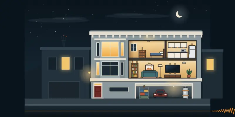 An opened-up San Francisco flat at night with its furniture strapped to the walls as an earthquake trace passes