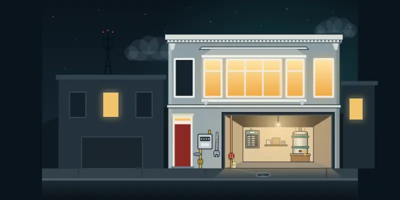 A San Francisco row house at dusk, its garage cut open to show the water valve, the electrical panel and a strapped water heater, with the gas meter and a wrench outside