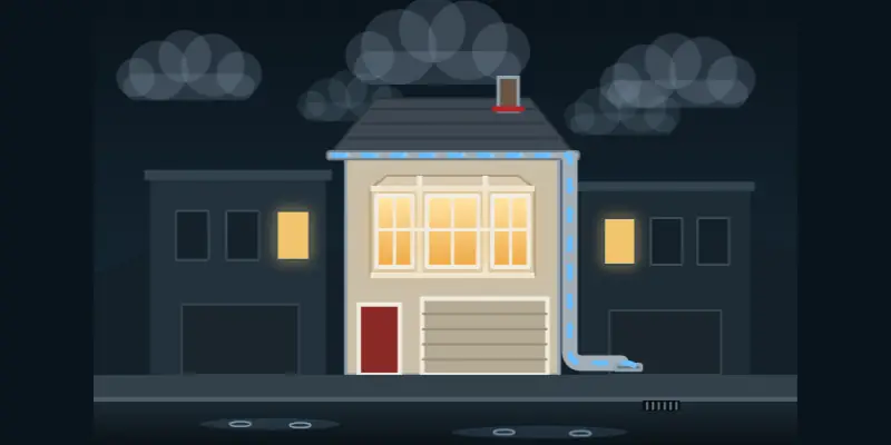 A San Francisco house in the rain, with water running from the gutter to the storm drain