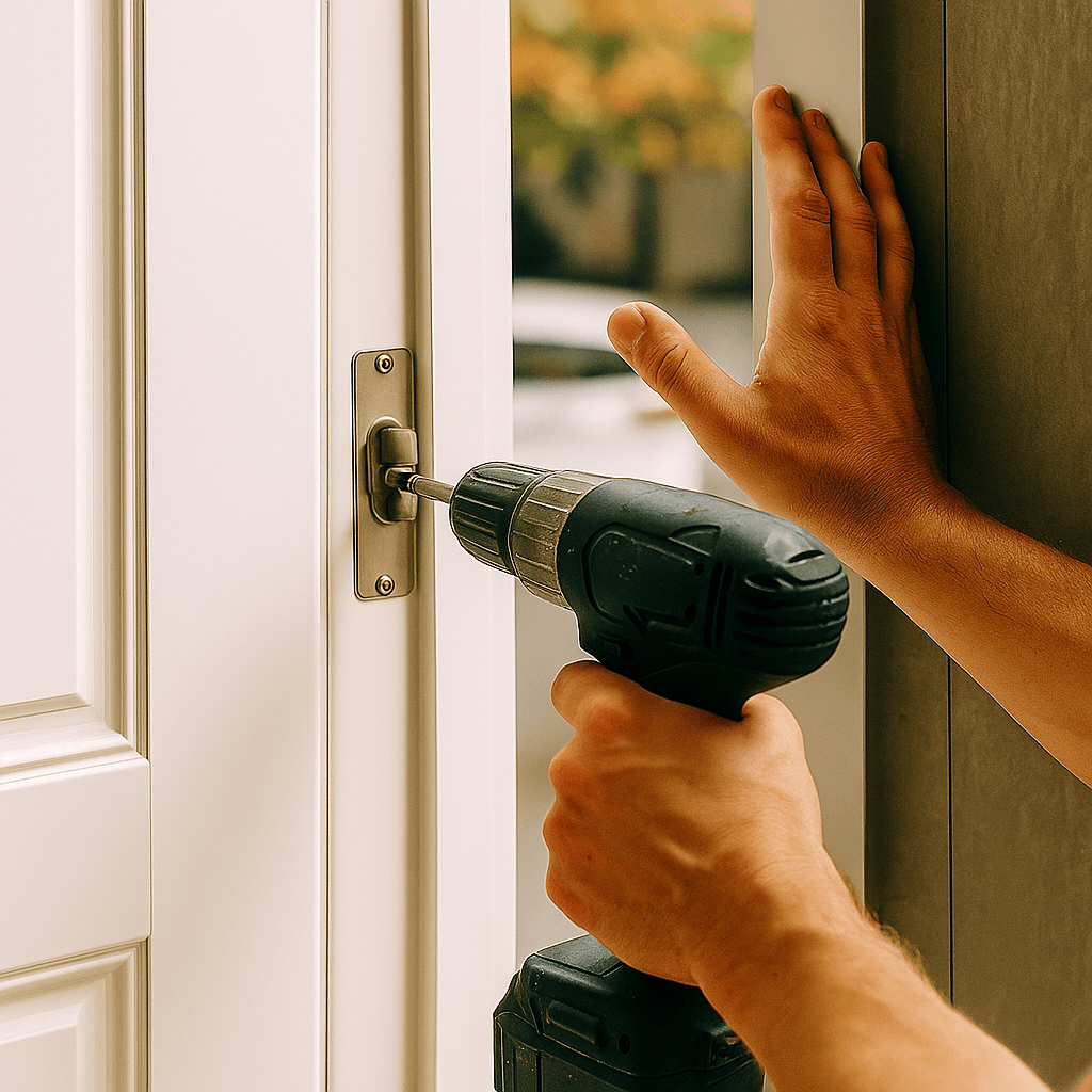 Handyman providing window and door repair services in San Francisco, fixing a door hinge with a drill