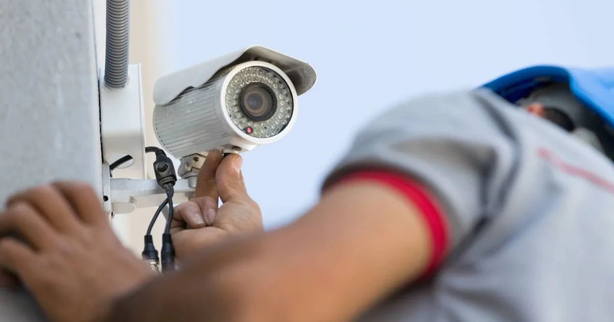 Technician installing an outdoor security camera