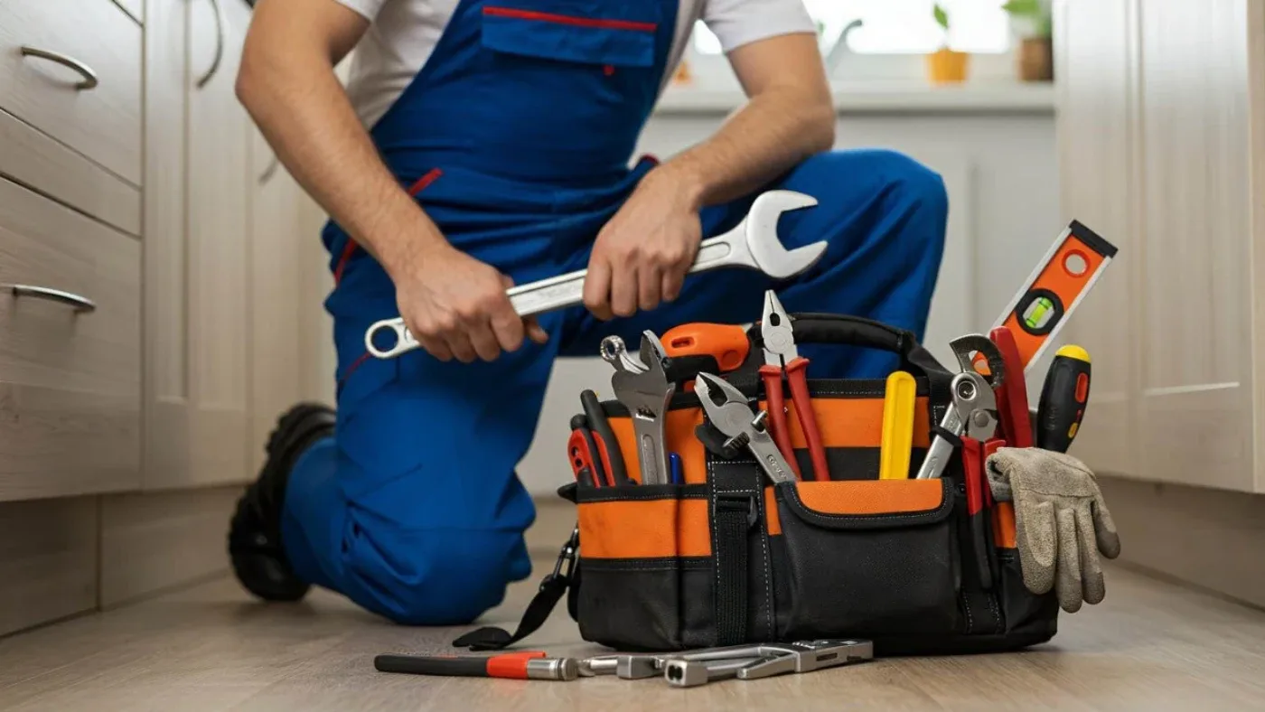 Handyman with a wrench and a bag of essential repair tools